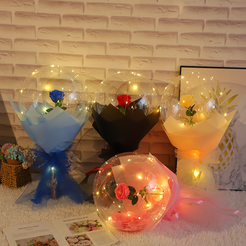 2023 High Quality Rose Flower Clear Pvc Bubble Bobo Balloons With Led Light For Valentine Decoration