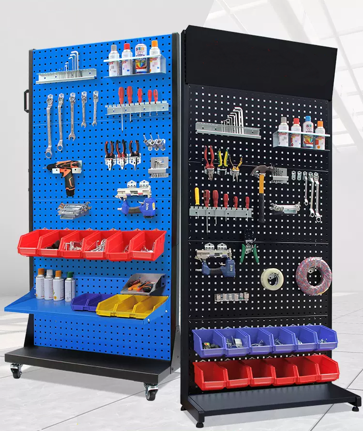 Tool pegboard display rack with wheels for garage