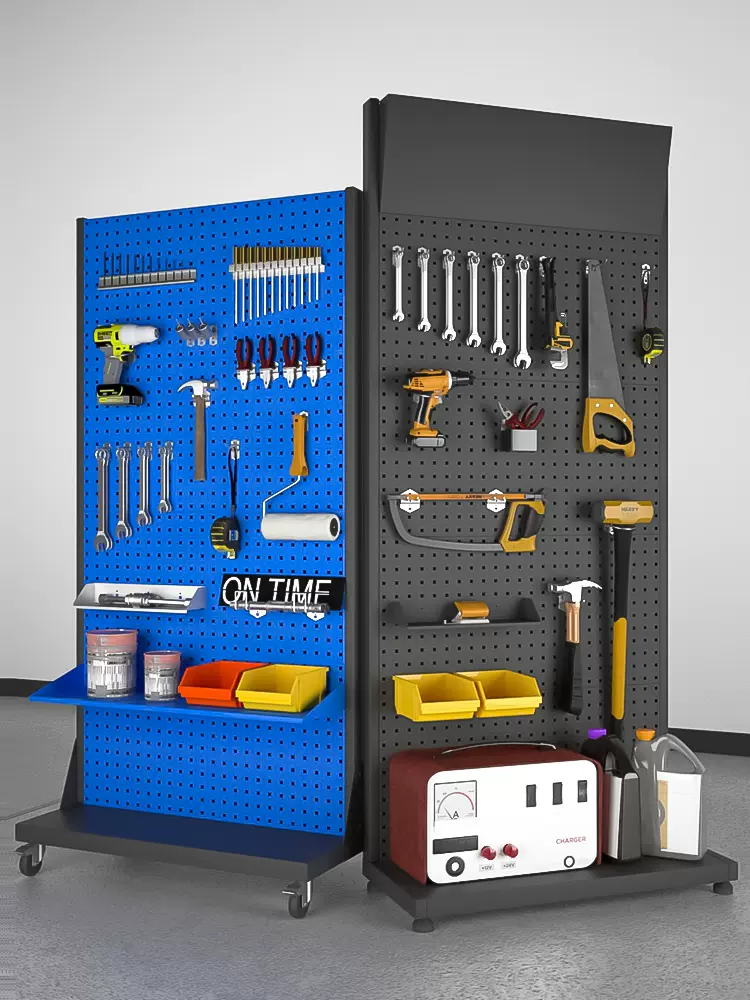 Tool pegboard display rack with wheels for garage