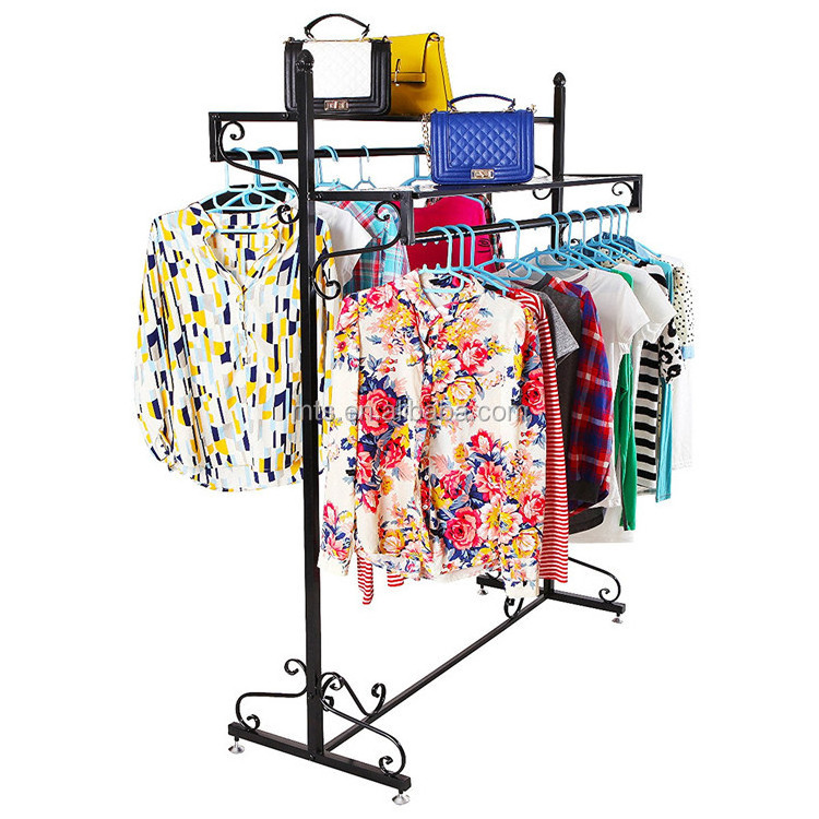 Large double column double layer metal wire clothing display rack for clothes shopping mall