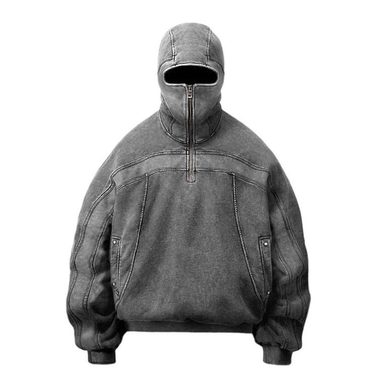 Wholesale Drop Shoulder Vintage Blank Hooded Sweater Custom Men Acid Wash Ninja Full Face Zip Up Hoodie With Eye Holes