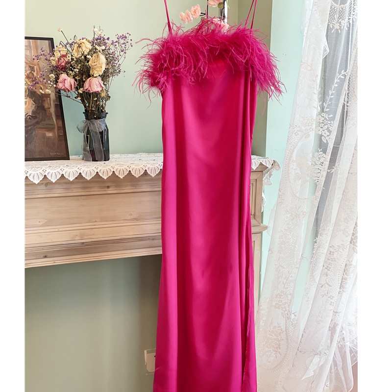 Polyester Ostrich Feather drs Women Luxury Real Ostrich Feather Robe Fur Pajamas