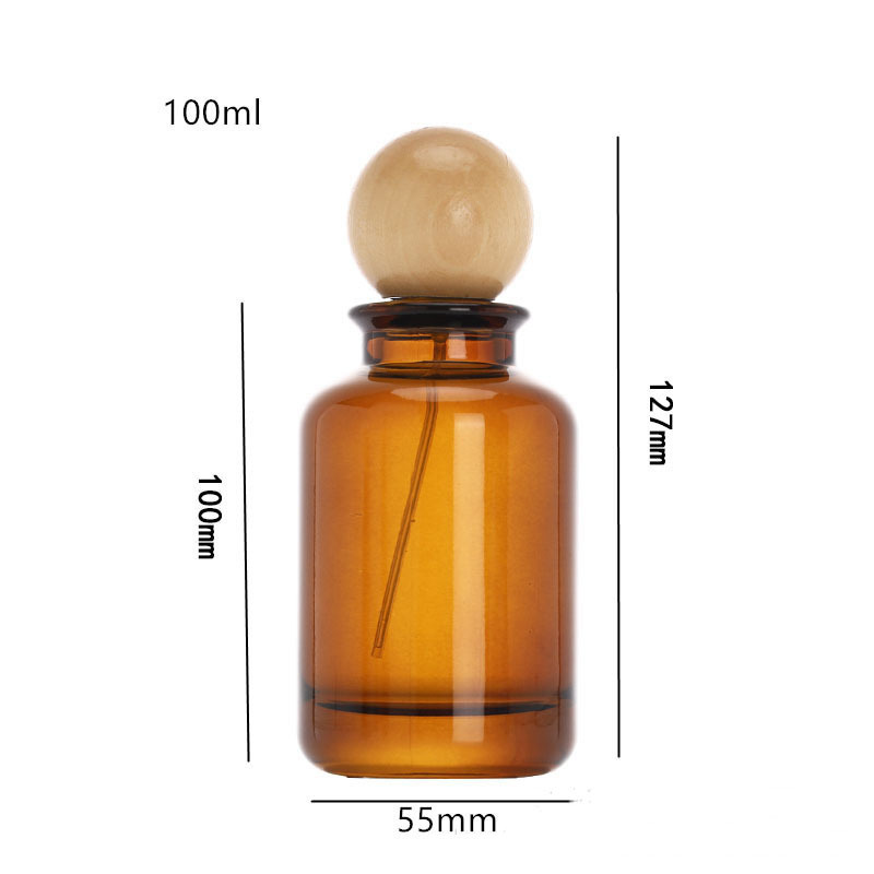 MUB Custom Logo 30ml 50ml 100ml Amber Color Crimp Neck Round Perfume Spray Bottle With Wood Ball Cap