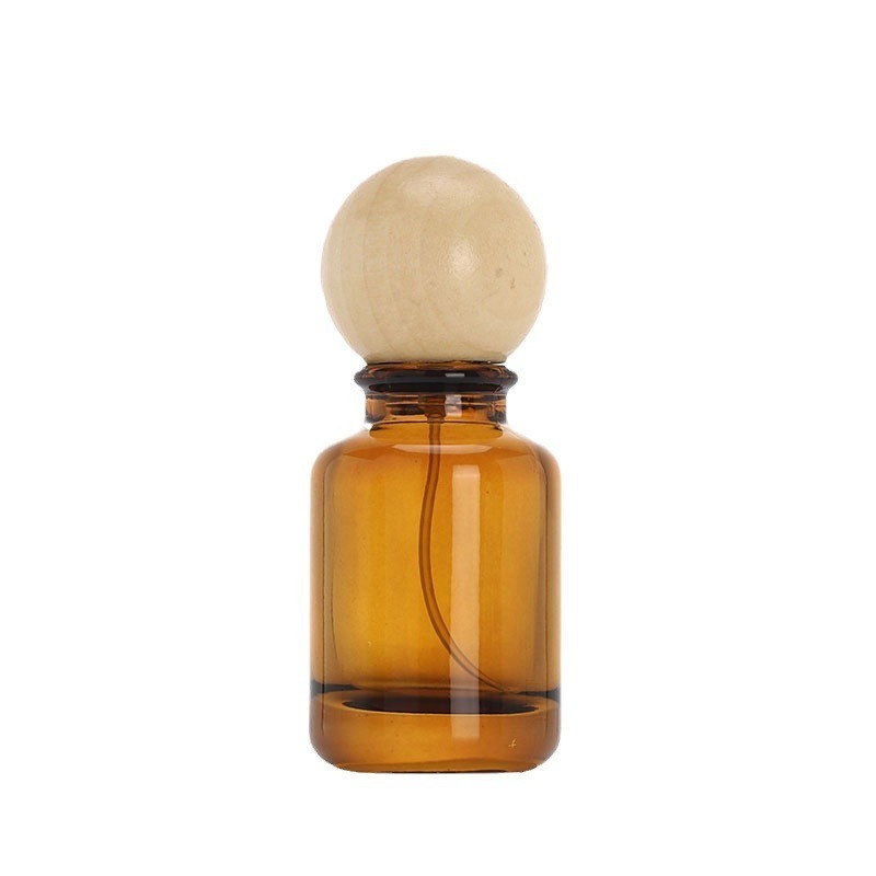 MUB Custom Logo 30ml 50ml 100ml Amber Color Crimp Neck Round Perfume Spray Bottle With Wood Ball Cap