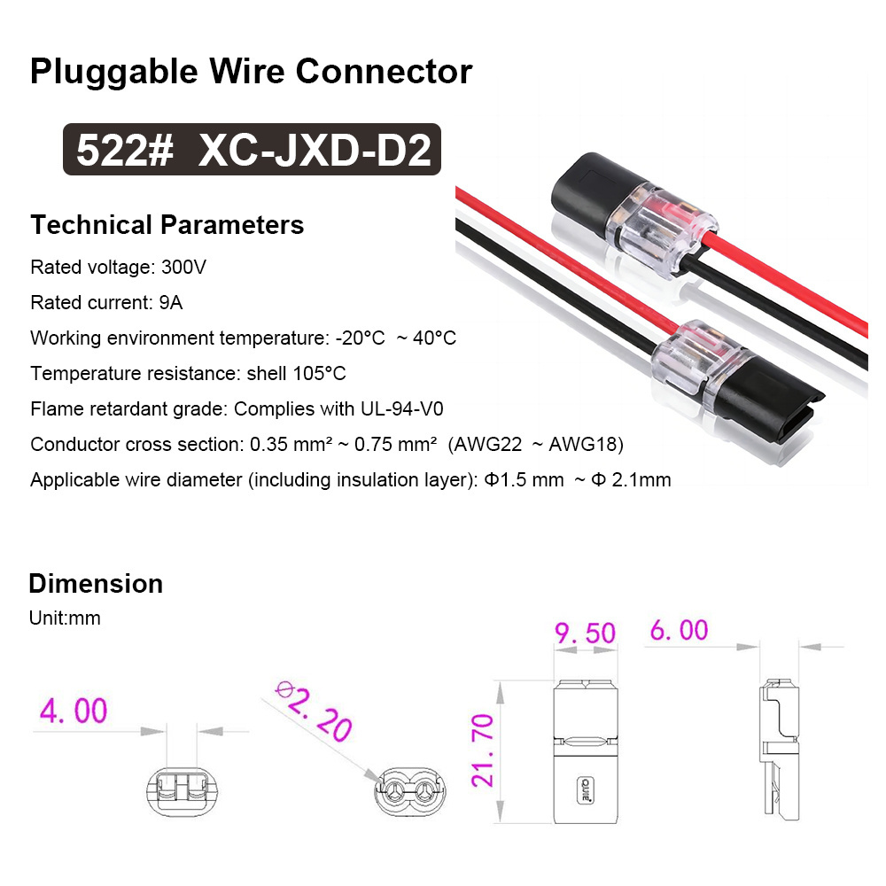 No Wire-Stripping Required 2 Pin 2 Way Pluggable LED Wire Connectors Universal Compact Quick Splice Wire Terminals for AWG 22-18