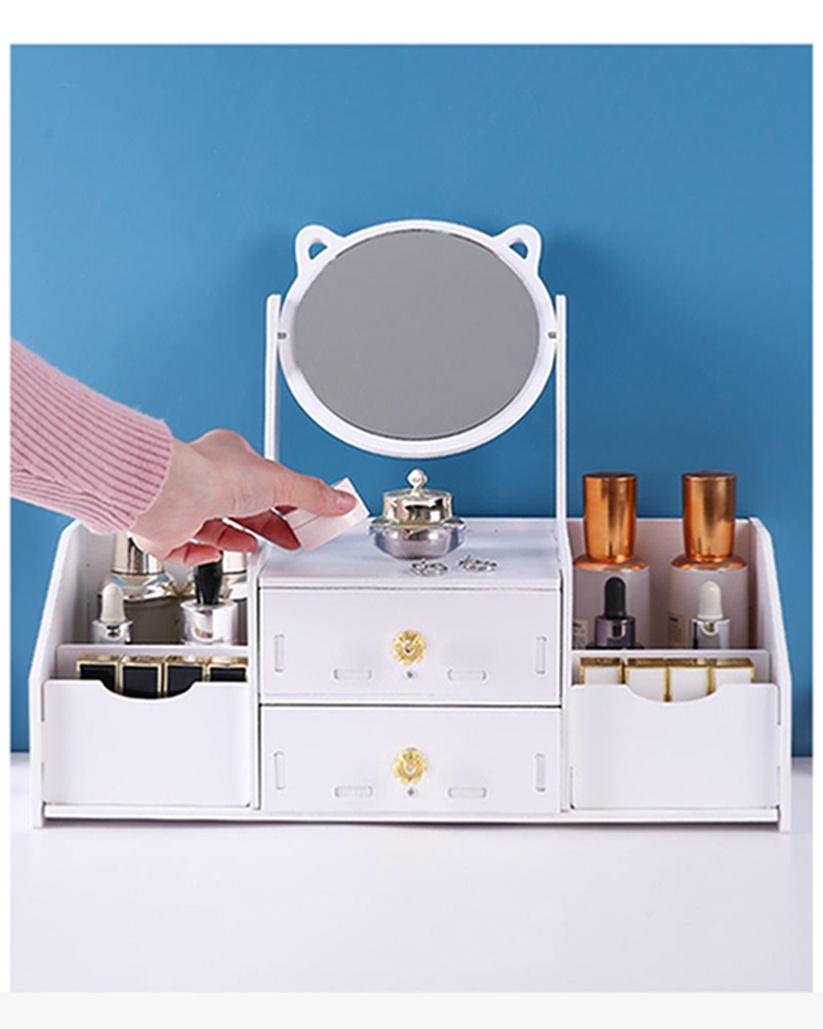 Factory wholesale price The mirror is rotatable wooden large capacity cosmetic storage box makeup drawer