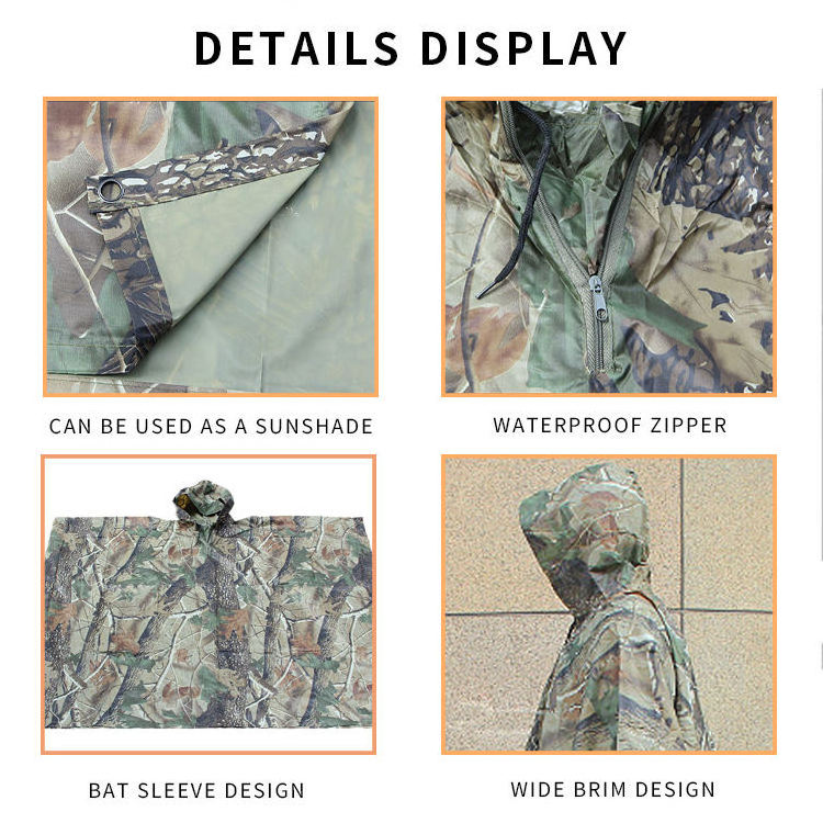 Camo waterproof tactical hunting raincoat outdoor raincoat polyurethane coated camouflage polyester raincoat