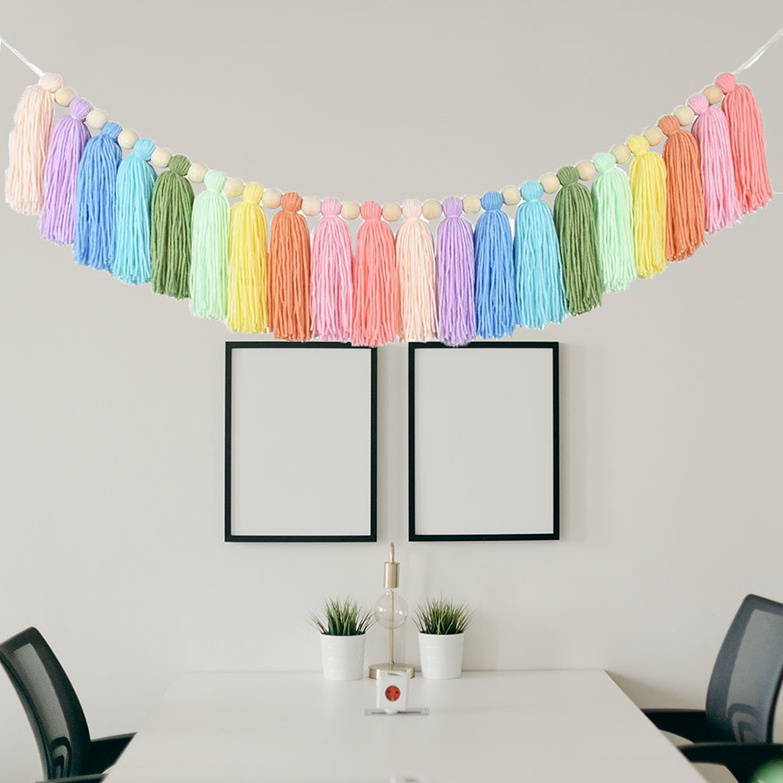 Kids bedroom room dorm birthday baby shower decor boho nursery wall decor rainbow tassel garland with wood bead