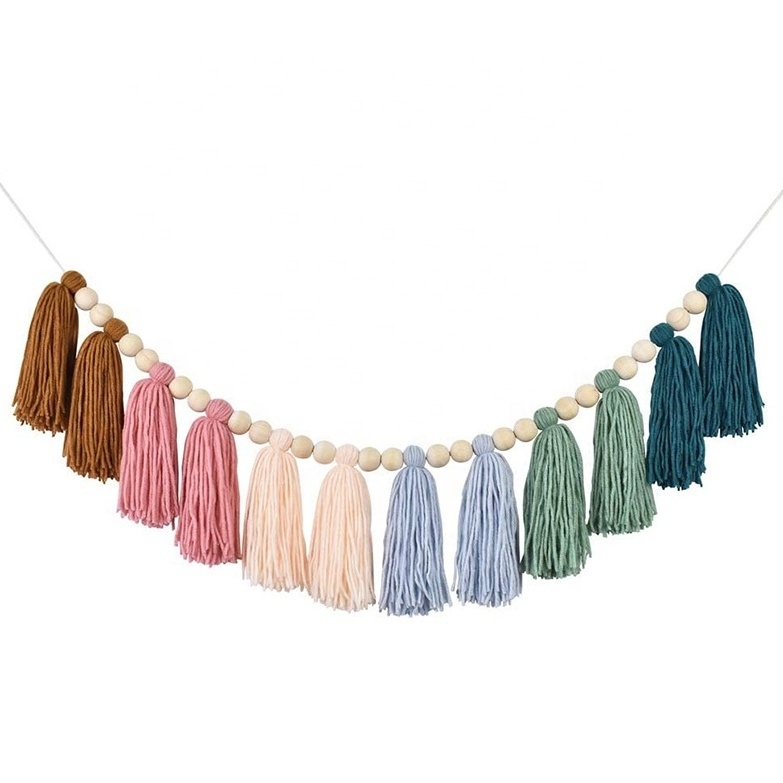 Kids bedroom room dorm birthday baby shower decor boho nursery wall decor rainbow tassel garland with wood bead