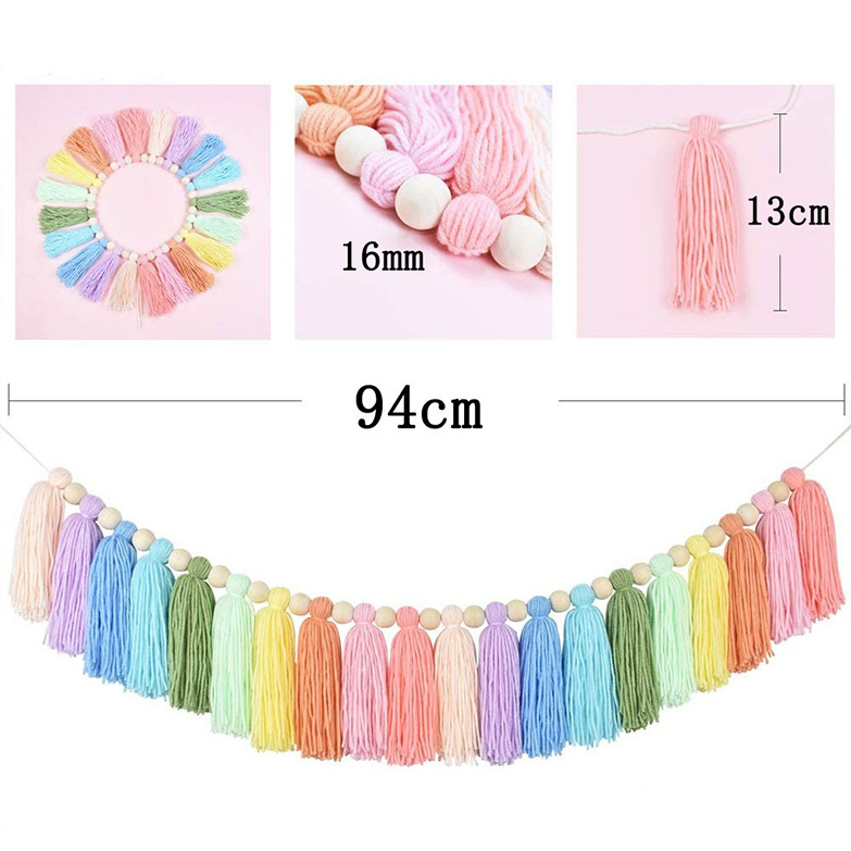 Kids bedroom room dorm birthday baby shower decor boho nursery wall decor rainbow tassel garland with wood bead