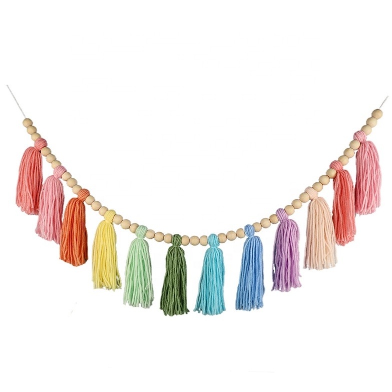 Kids bedroom room dorm birthday baby shower decor boho nursery wall decor rainbow tassel garland with wood bead