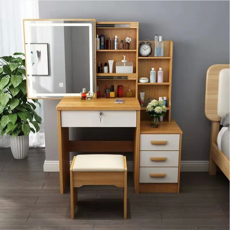 Customizable modern wooden dressing table mirrored dresser make up vanity with storage drawers