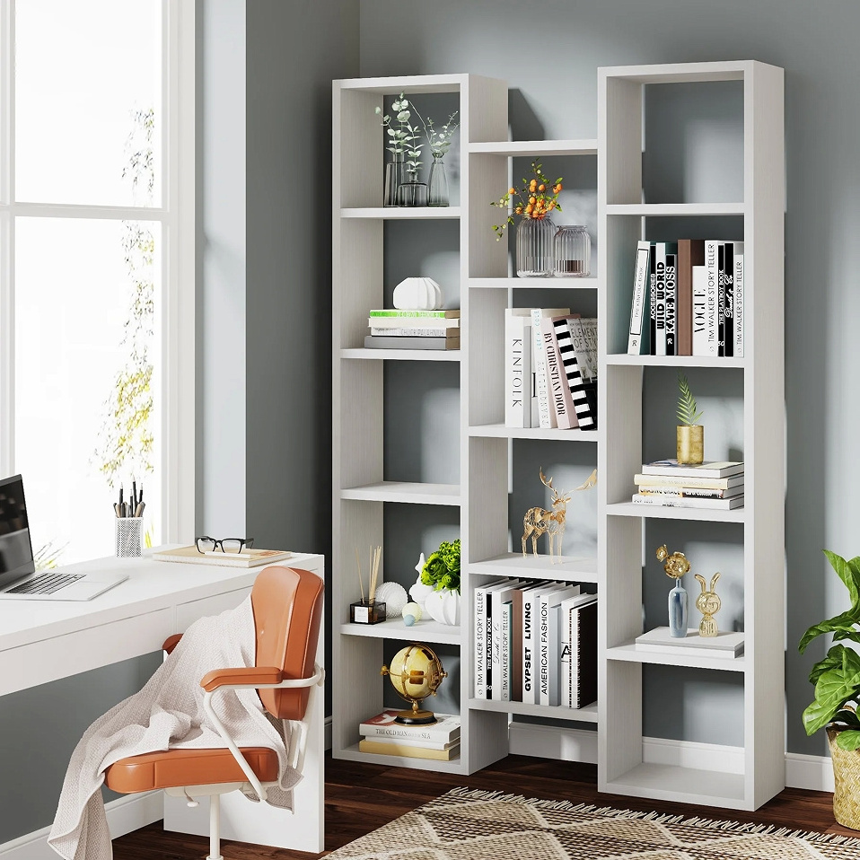 Modern Tall 5-Shelf Storage Bookshelf organizer with 14-Cube Display Book Shelf for Living Room furniture