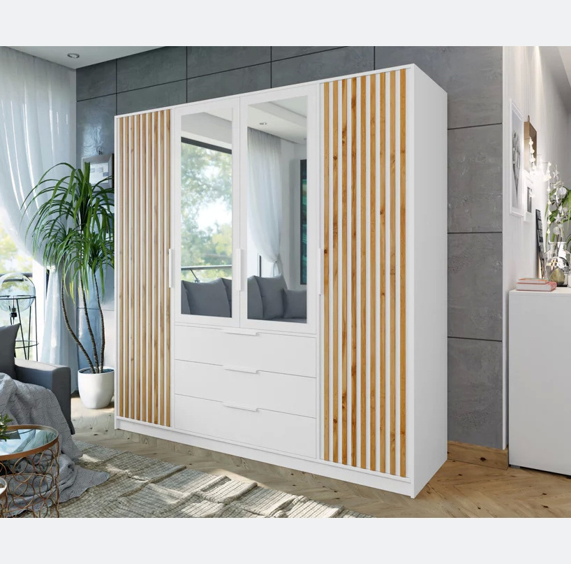 European style free standing wooden wardrobe closet design storage cabinet with drawer and mirror door