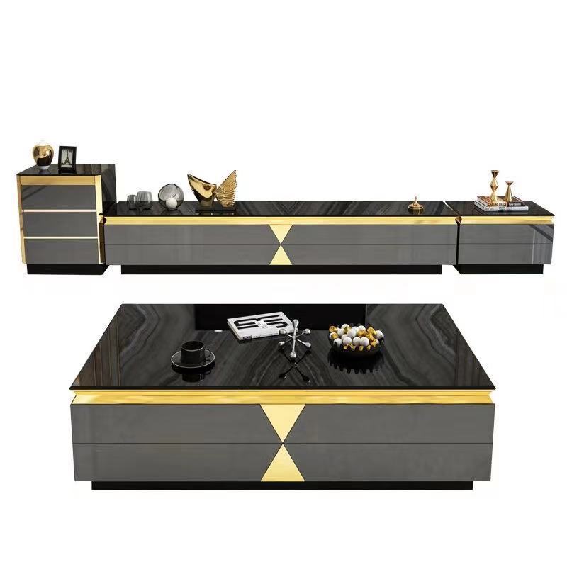 Luxury glossy Living Room TV Stand & coffee table set with tempered glass and marble stone