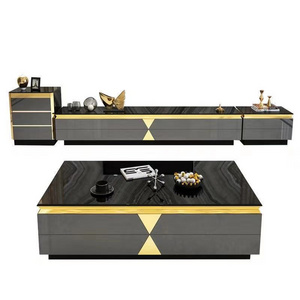 Luxury glossy Living Room TV Stand & coffee table set with tempered glass and marble stone