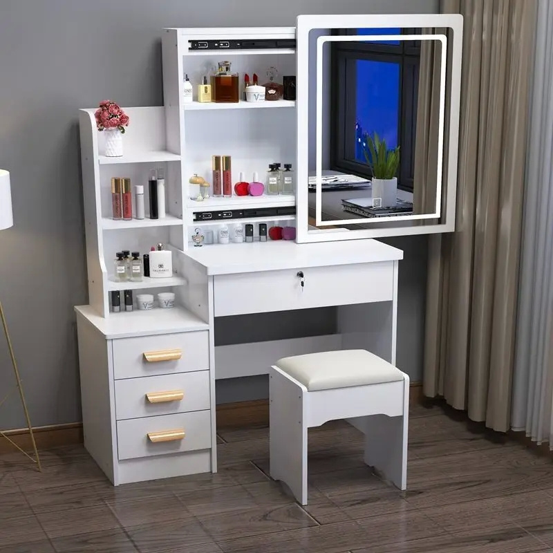 Customizable modern wooden dressing table mirrored dresser make up vanity with storage drawers