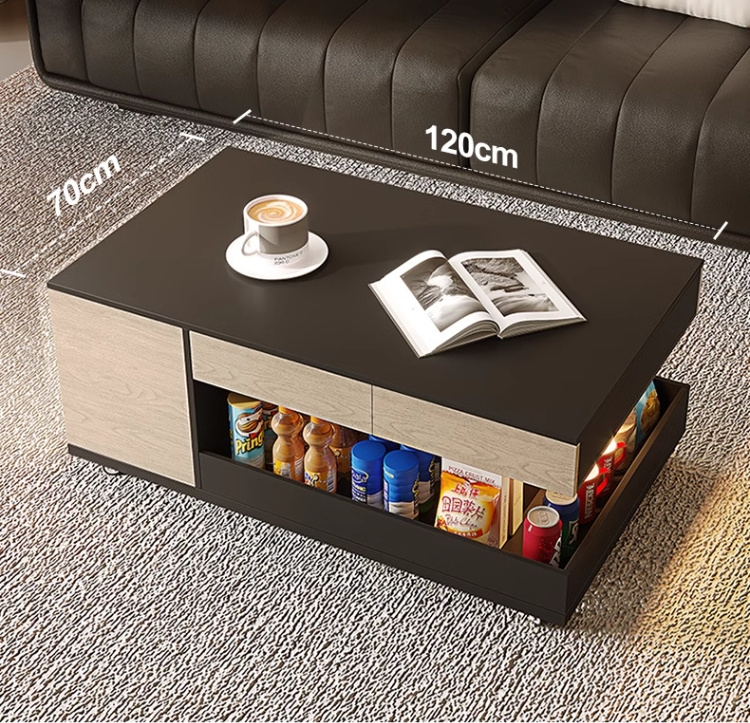 Movable rectangular living room coffee table wooden tea table with cyclic storage space