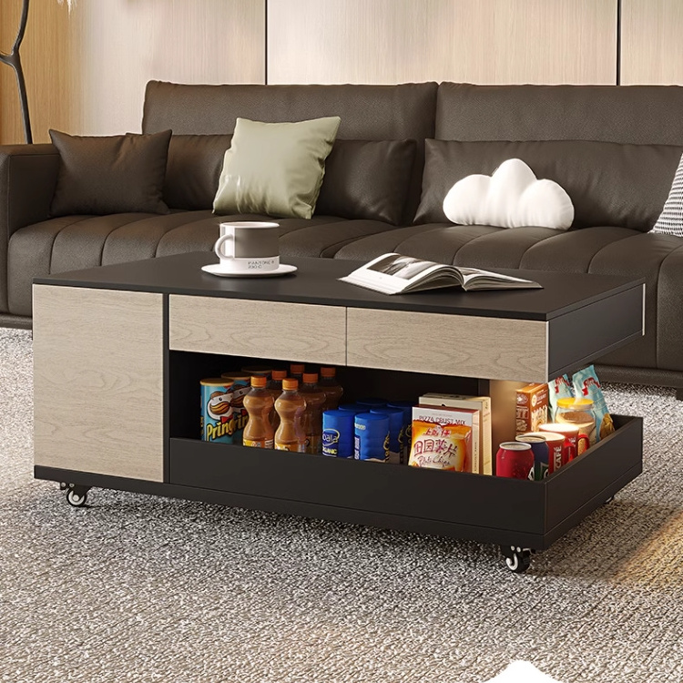 Movable rectangular living room coffee table wooden tea table with cyclic storage space