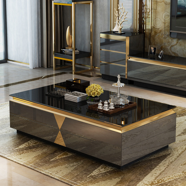 Luxury glossy Living Room TV Stand & coffee table set with tempered glass and marble stone