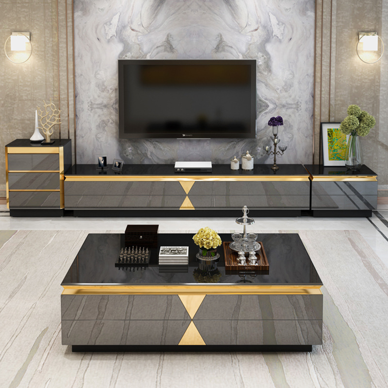 Luxury glossy Living Room TV Stand & coffee table set with tempered glass and marble stone