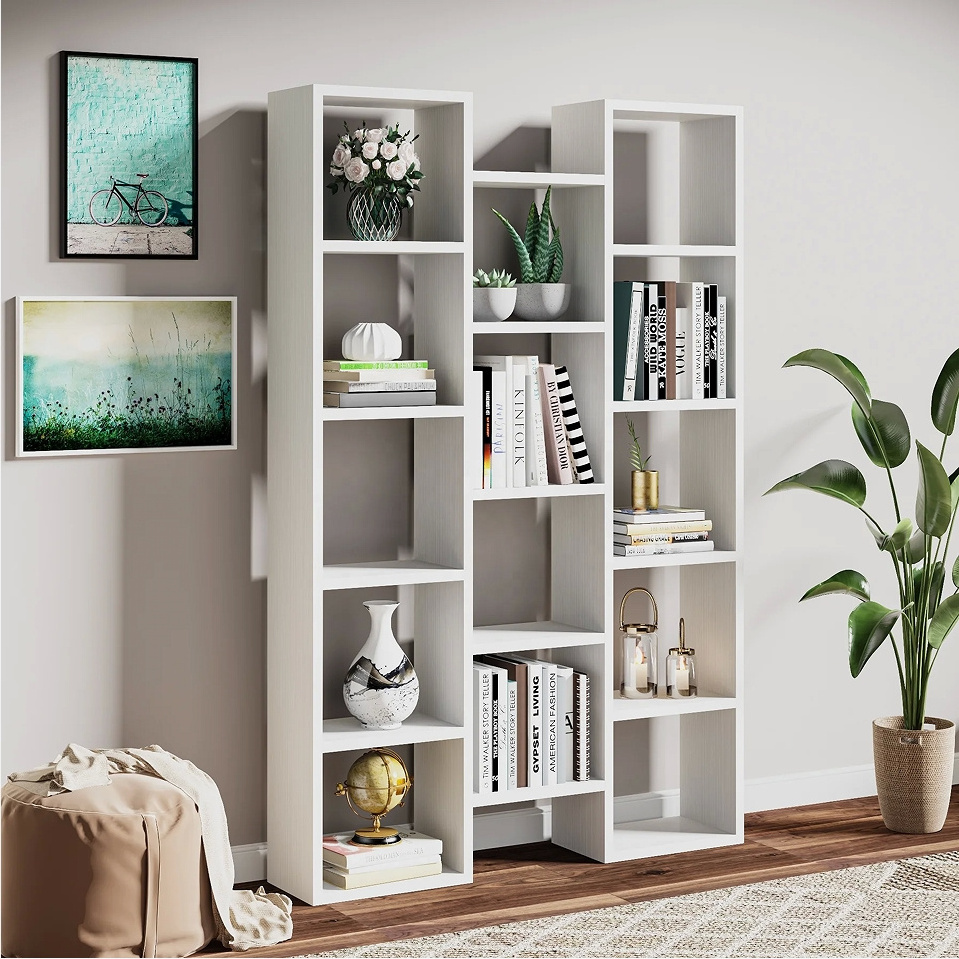 Modern Tall 5-Shelf Storage Bookshelf organizer with 14-Cube Display Book Shelf for Living Room furniture