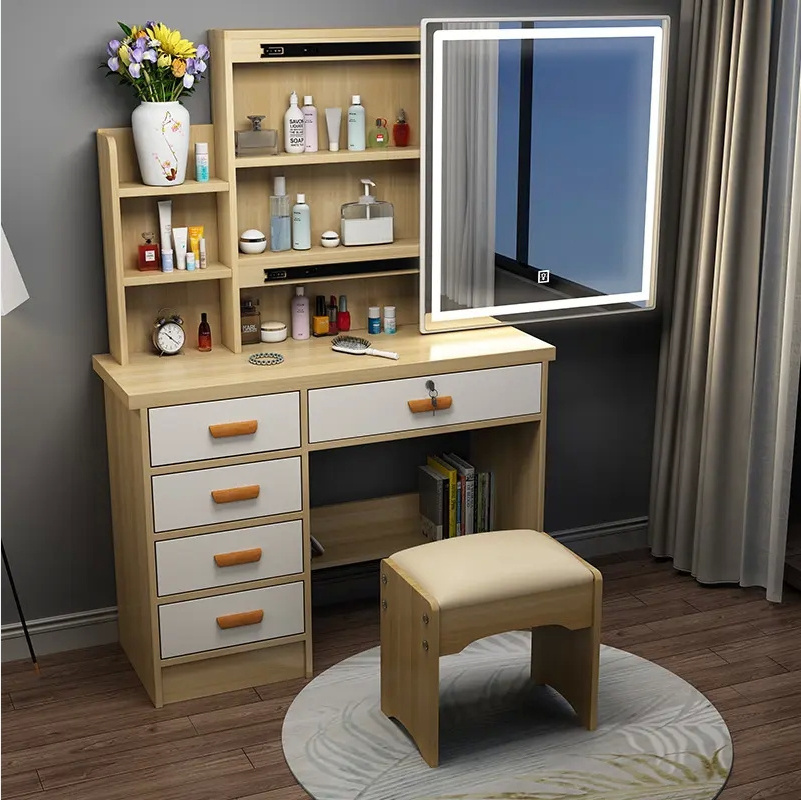 Customizable modern wooden dressing table mirrored dresser make up vanity with storage drawers