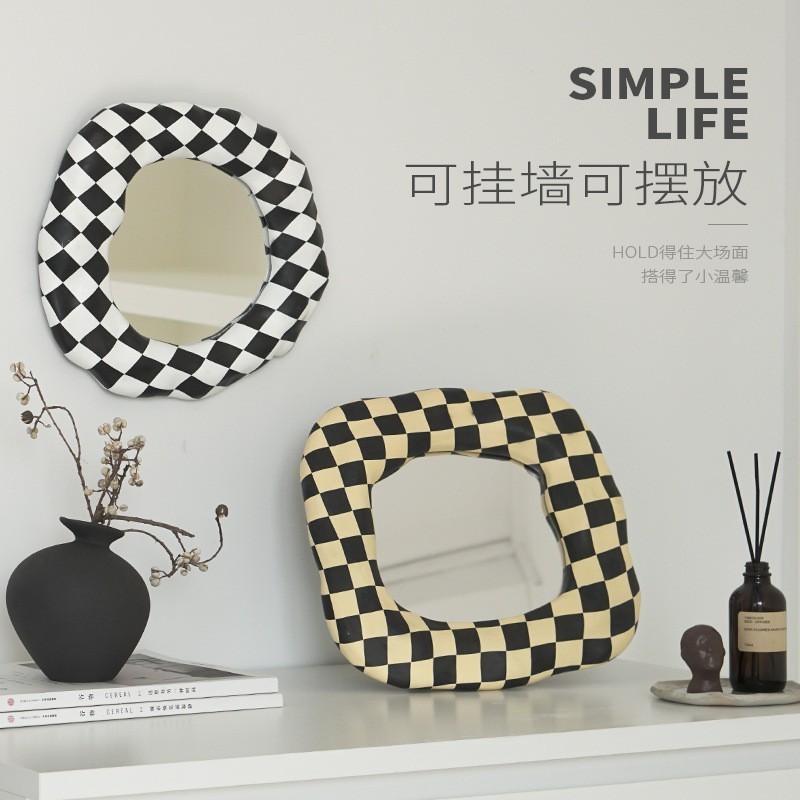 Ins Cosmetic Mirror Desktop Home Decoration Mirror Tray pieces Black and White Chess Lattice irregular dresser Mirror