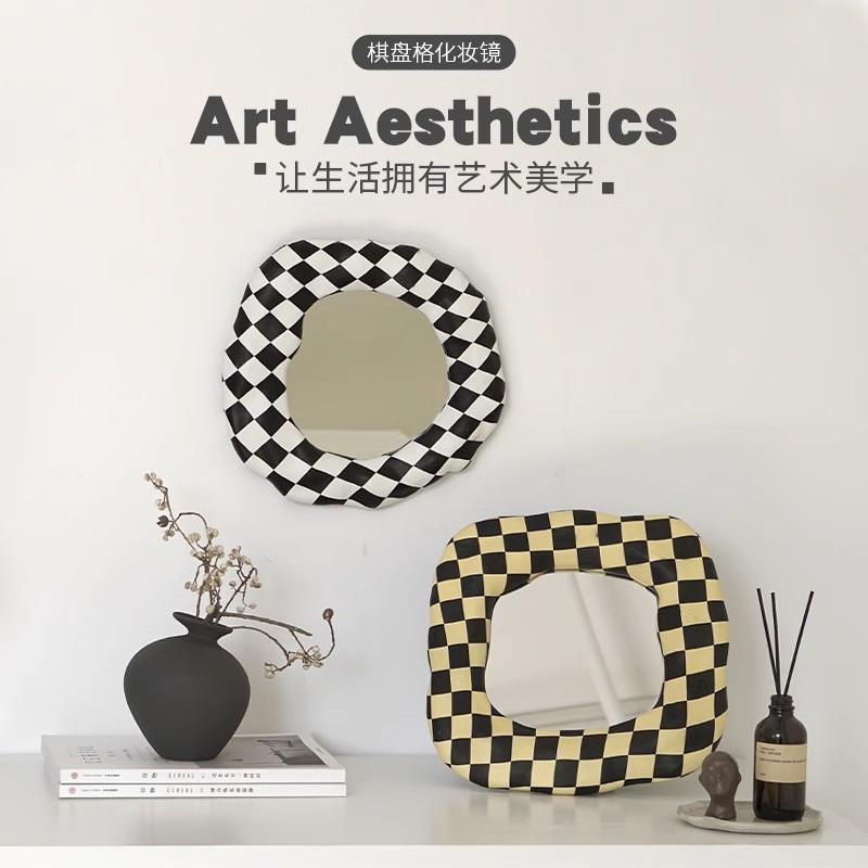 Ins Cosmetic Mirror Desktop Home Decoration Mirror Tray pieces Black and White Chess Lattice irregular dresser Mirror