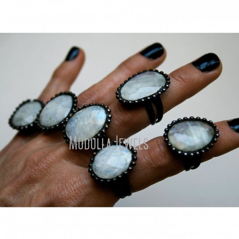 RM42612 Rainbow Moonstone Faceted Minimal Ring Low Flash Rainbow Moonstone Adjustable Size Witch Wicca Finger Rings