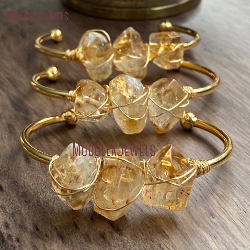 Raw Rough Citrine Bangle Bracelet Women 18k Gold Plated Stainless Steel Cuff Femme Boho November Birthstone Statement Jewelry