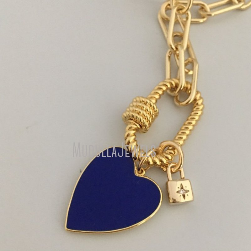 NM35948 Gold Rope Carabiner Clasp Chain Necklace Enamel Heart Charm Gold CZ Padlock Charm Paperclip Link Chain