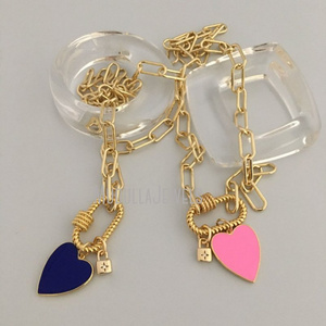 NM35948 Gold Rope Carabiner Clasp Chain Necklace Enamel Heart Charm Gold CZ Padlock Charm Paperclip Link Chain