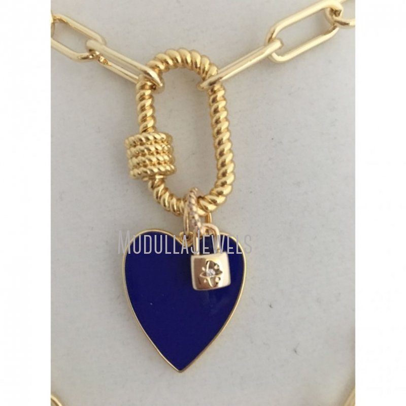 NM35948 Gold Rope Carabiner Clasp Chain Necklace Enamel Heart Charm Gold CZ Padlock Charm Paperclip Link Chain