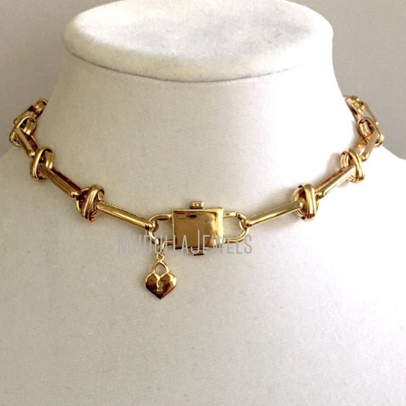 NM35975 Chunky Choker Chain Necklace Padlock Spring Gate Clasp Brass Choker Shiny Gold Cable Necklace Heart Charm Necklace