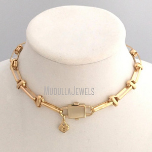 NM35975 Chunky Choker Chain Necklace Padlock Spring Gate Clasp Brass Choker Shiny Gold Cable Necklace Heart Charm Necklace