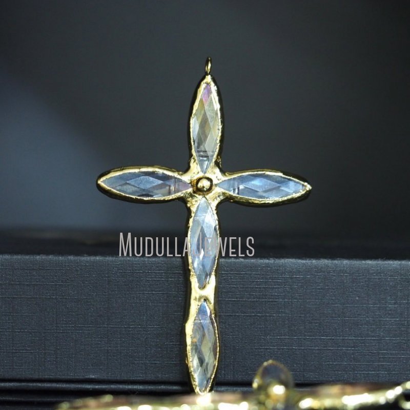 PM45574 Soldered Jewelry Angel Aura Glass Crystal Cross Crucifix Pendant For Necklace Making  Gold Plated Christian Jesus Gift