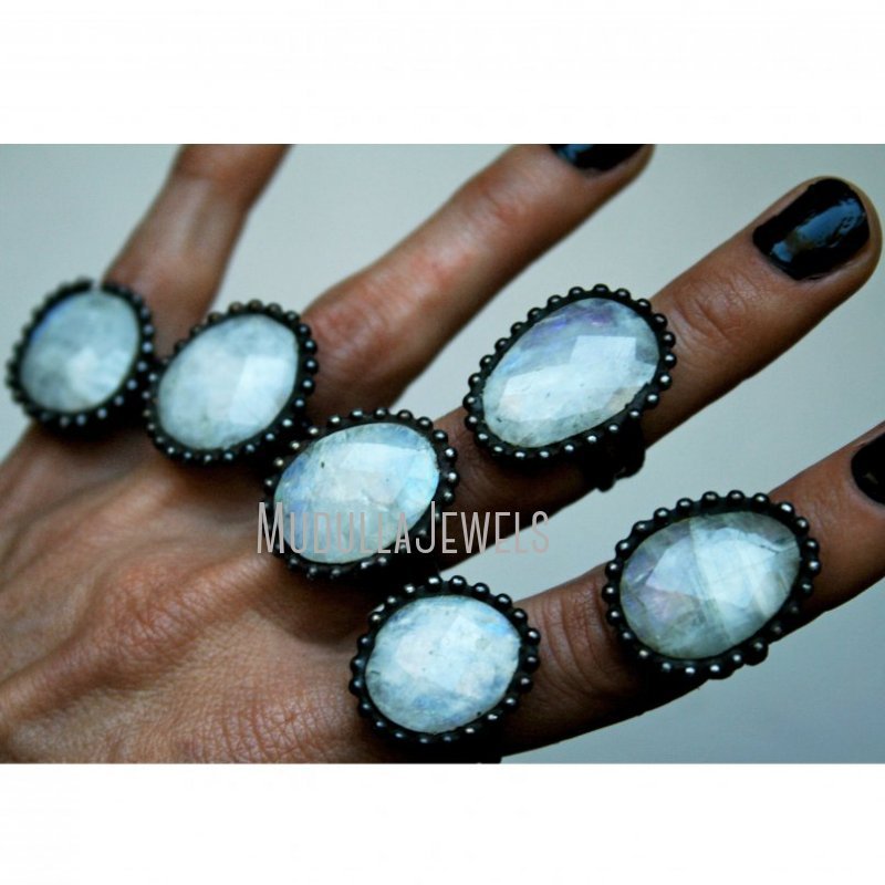 RM42612 Rainbow Moonstone Faceted Minimal Ring Low Flash Rainbow Moonstone Adjustable Size Witch Wicca Finger Rings