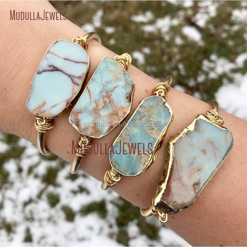 BM11248 Women Fashion Pale Blue Ocean Jasper Cuff Charm Bangle Sea Foam Green Ocean Jasper Stone Bracelet