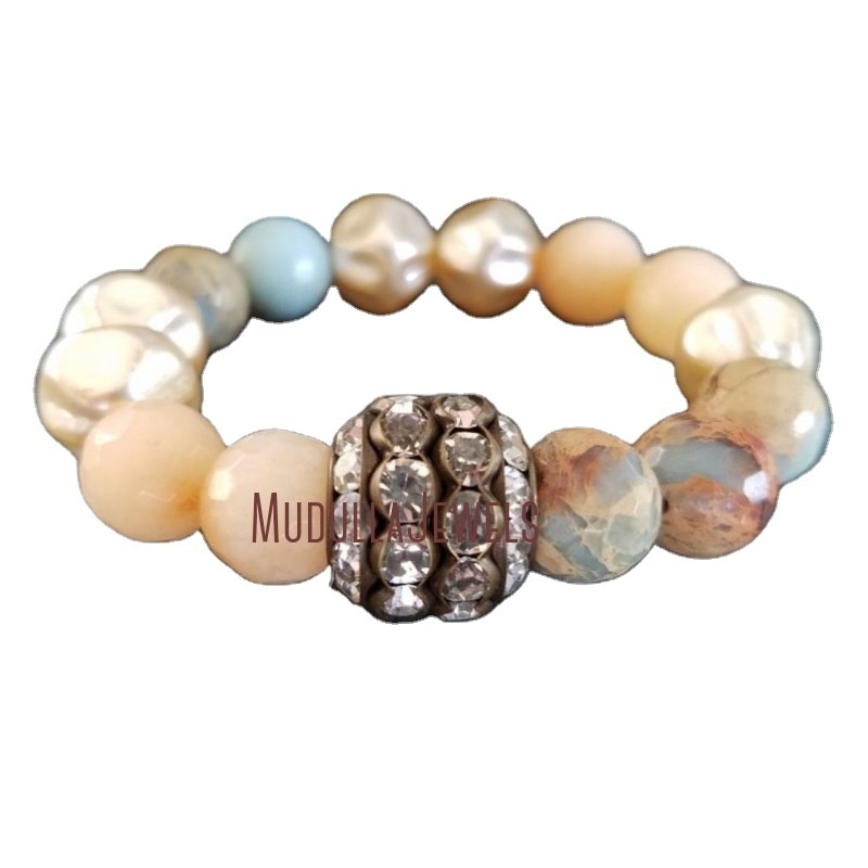 BM33112 Gemstone Czech Pearl Stretch Bracelet Rhinestone Barrel Bead Peach Jade Jasper Boho Bracelet Boho Jewelry