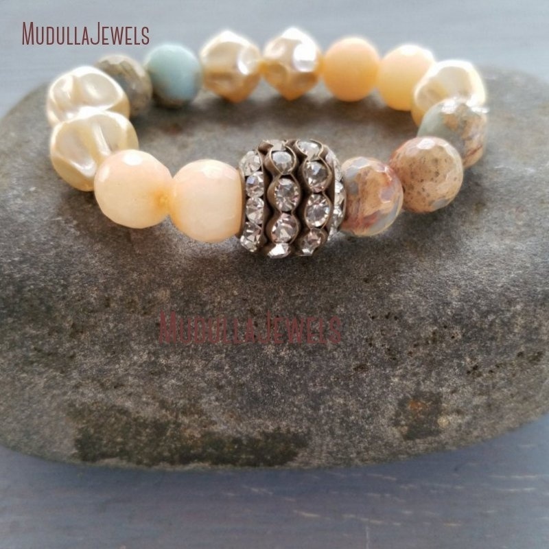 BM33112 Gemstone Czech Pearl Stretch Bracelet Rhinestone Barrel Bead Peach Jade Jasper Boho Bracelet Boho Jewelry