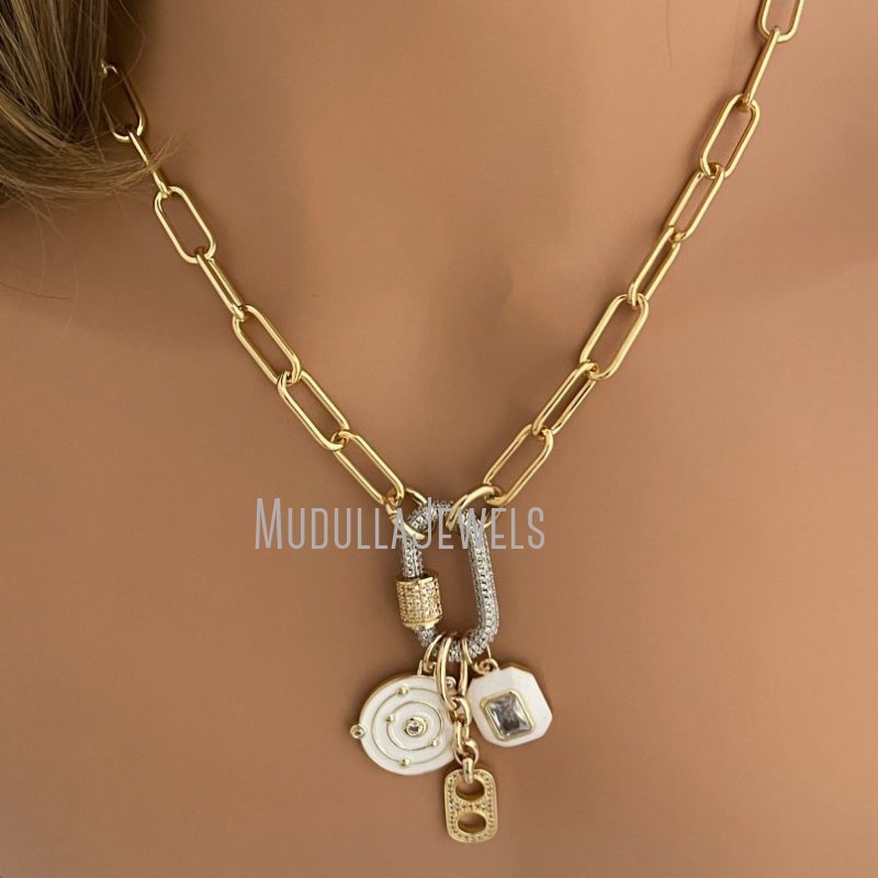 NM42701 Soda Cap Charm Cubic Zirconia Pendant Paperclip Chain With Carabiner Screw Clasp Stainless Steel Necklace Gold Plated