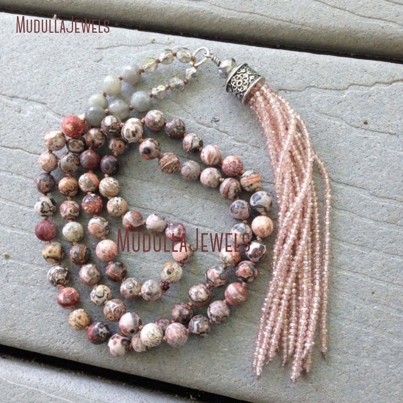 NM20628 Boho Hand Knotted Earthy Leopard Skin Agate Beaded Pink Crystal Tassel Necklace