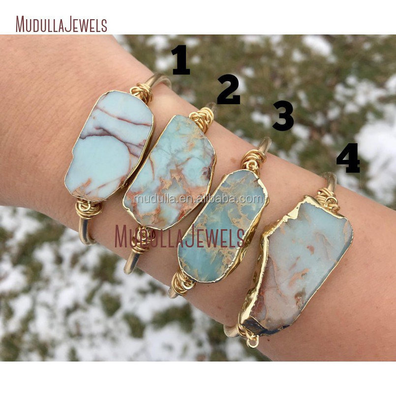 BM11248 Women Fashion Pale Blue Ocean Jasper Cuff Charm Bangle Sea Foam Green Ocean Jasper Stone Bracelet