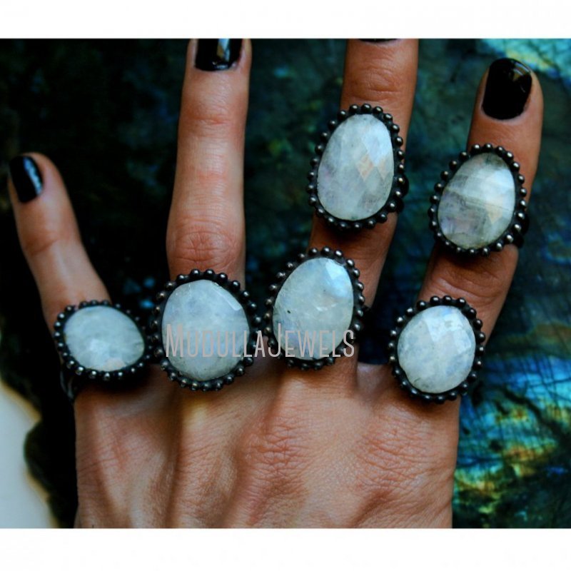 RM42612 Rainbow Moonstone Faceted Minimal Ring Low Flash Rainbow Moonstone Adjustable Size Witch Wicca Finger Rings