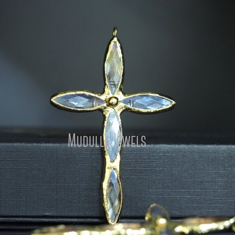 PM45574 Soldered Jewelry Angel Aura Glass Crystal Cross Crucifix Pendant For Necklace Making  Gold Plated Christian Jesus Gift