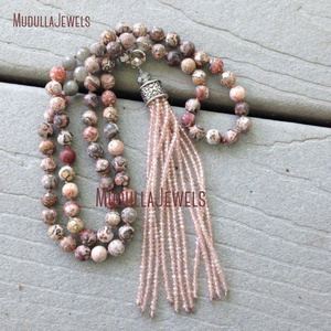 NM20628 Boho Hand Knotted Earthy Leopard Skin Agate Beaded Pink Crystal Tassel Necklace