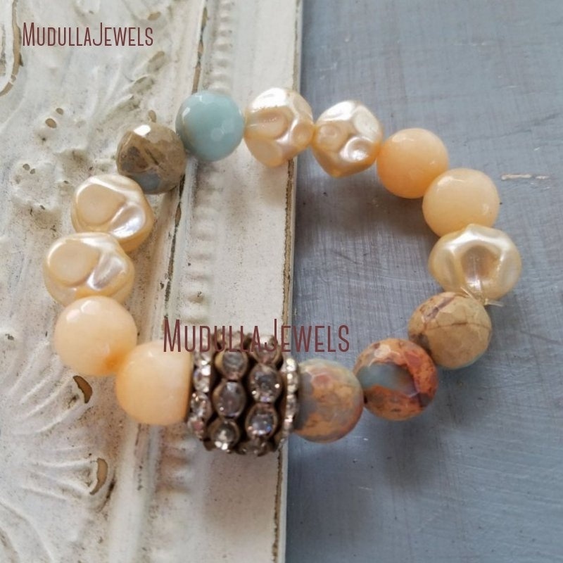 BM33112 Gemstone Czech Pearl Stretch Bracelet Rhinestone Barrel Bead Peach Jade Jasper Boho Bracelet Boho Jewelry