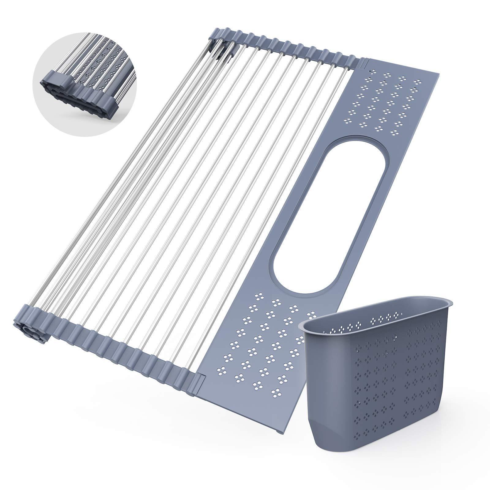 Roll Up Dish Drainer Over Sink Dish Rack Multi-use Silicone Coated Stainless Draining Mat Kitchen Dish Drying Rack