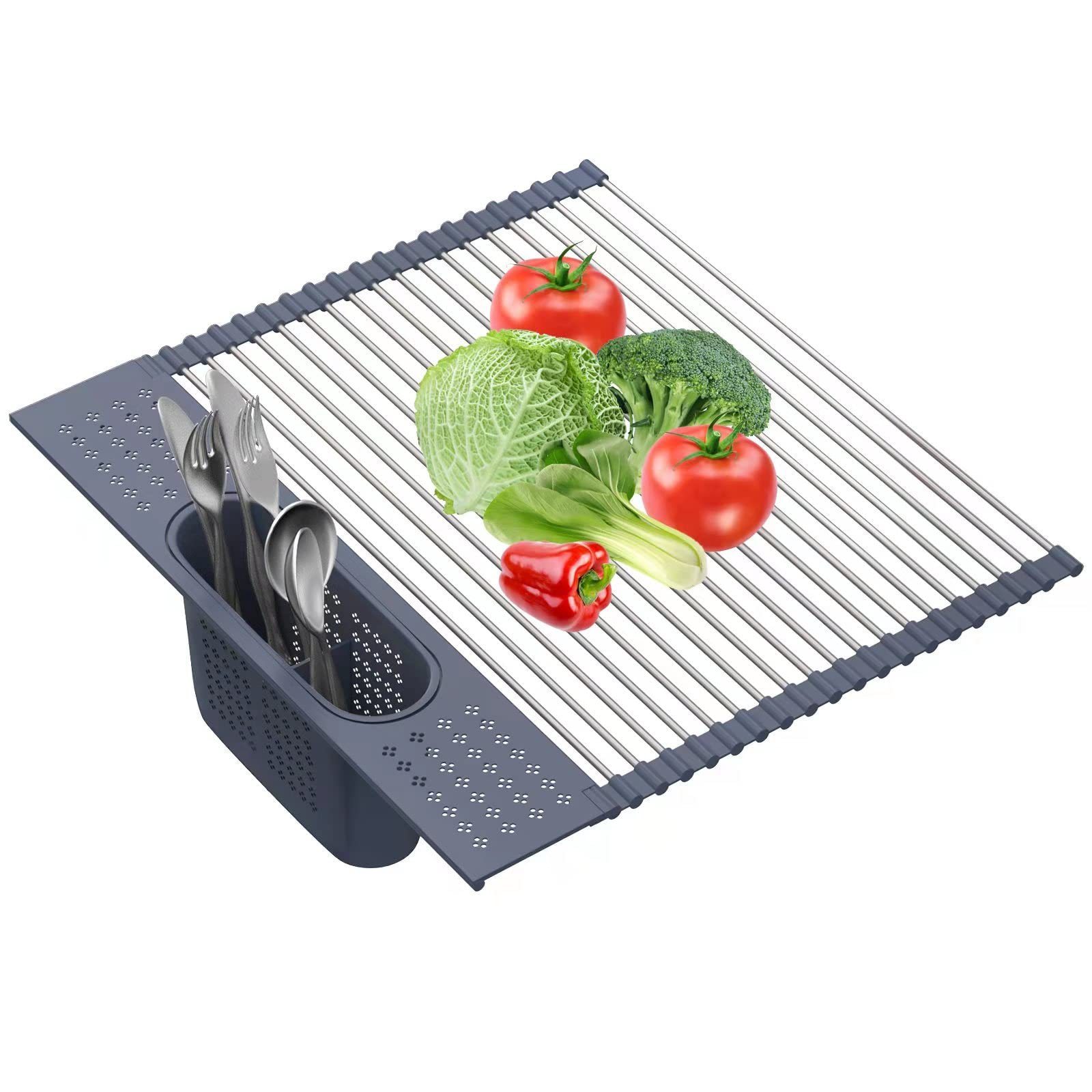 Roll Up Dish Drainer Over Sink Dish Rack Multi-use Silicone Coated Stainless Draining Mat Kitchen Dish Drying Rack